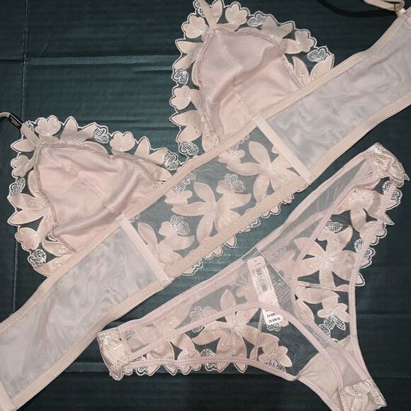Victoria's Secret longline 36C BRA SET+BRALETTE+ROBE dusty pink taupe APPLIQUE - Picture 4 of 11